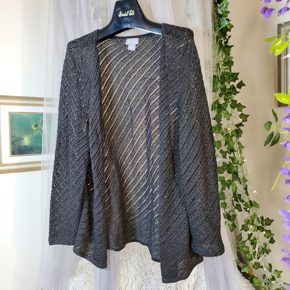 Sigrid Olsen Cardigan Women Medium Open Knit Metallic Long Sleeve XL Linen/Rayon